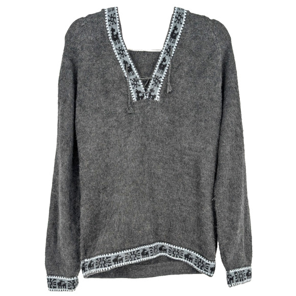 Womens Gray Peruvian Alpaca Hooded Lace Up Neck Boho Sweater Medium - Picture 2 of 8